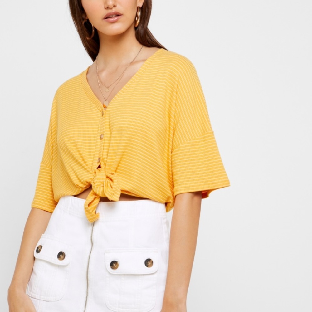 Pinc Yellow & White Striped Front Tie Top